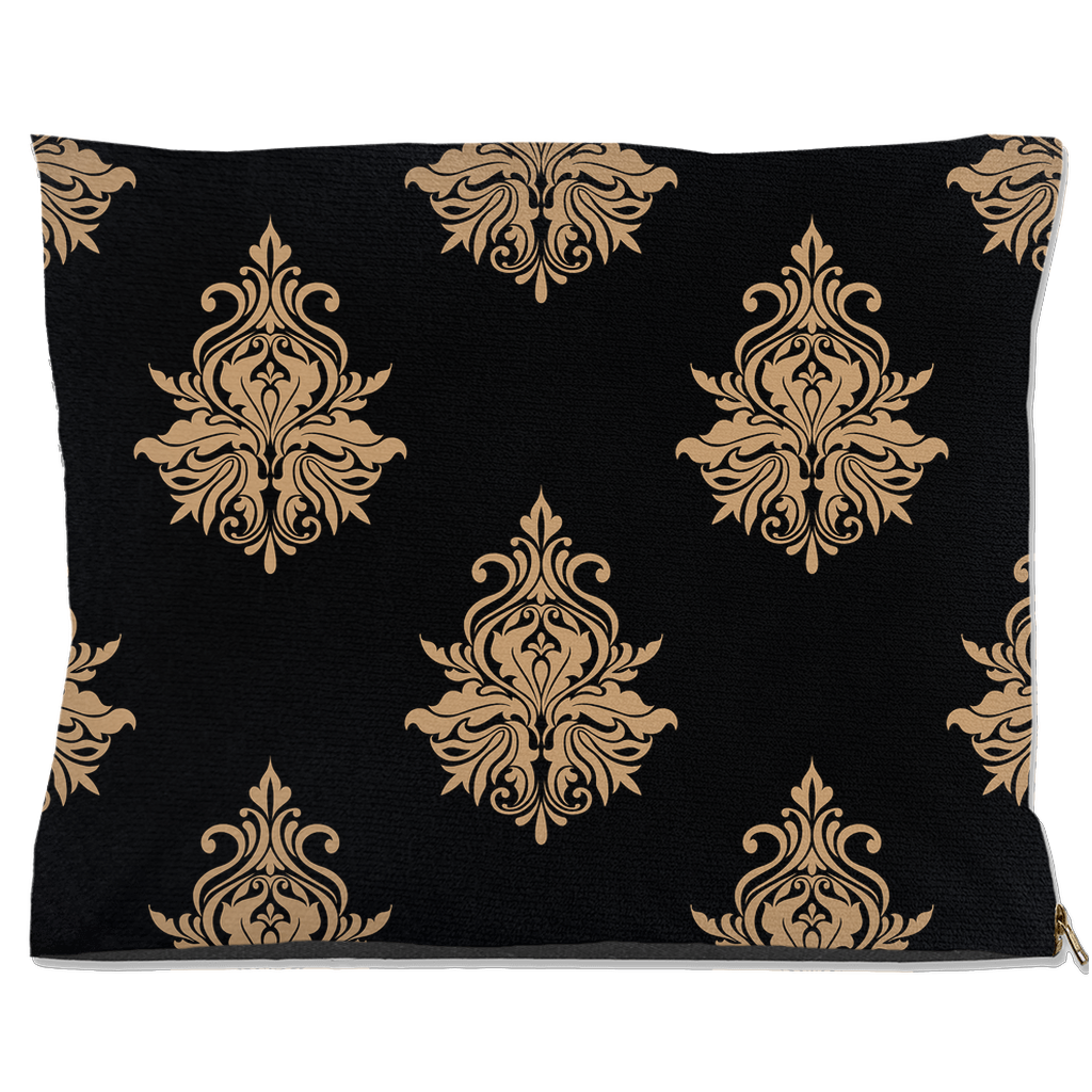 DogBed-Outdoor-40x50-20251120222923940-Black pet bed with repeating gold damask pattern.
