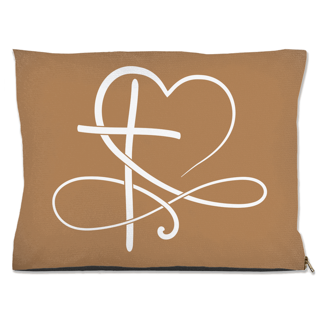 DogBed-Outdoor-30x40-20251120224650162-Tan pet bed with white cross and heart infinity design on the front