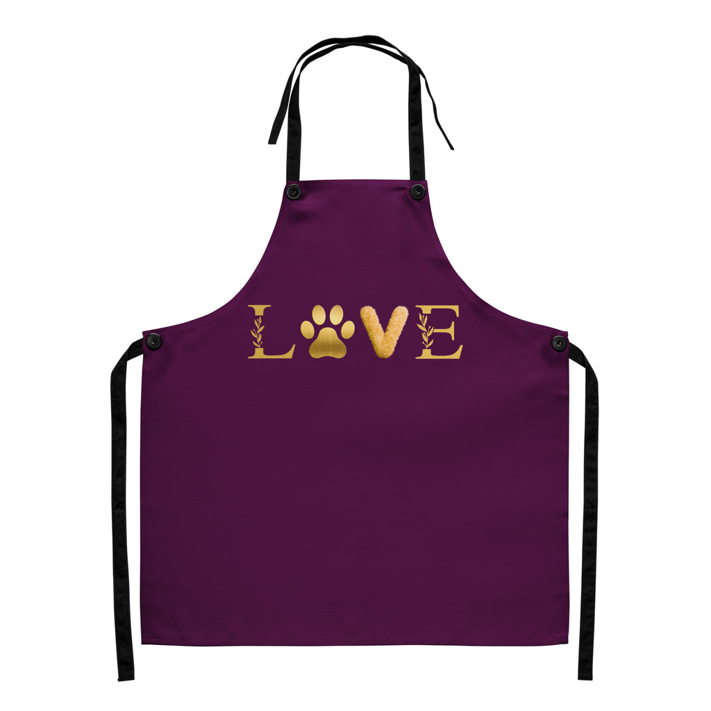 Purple apron featuring the word “LOVE” in gold lettering, with a golden paw print replacing the “O,” symbolizing love for pets and faith in a sleek, elegant design.