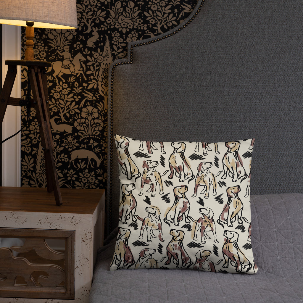 Beige accent pillow with hand-drawn sketch pattern of dogs in black and brown outlines, artistic dog lover home décor by Pets N’ Faith