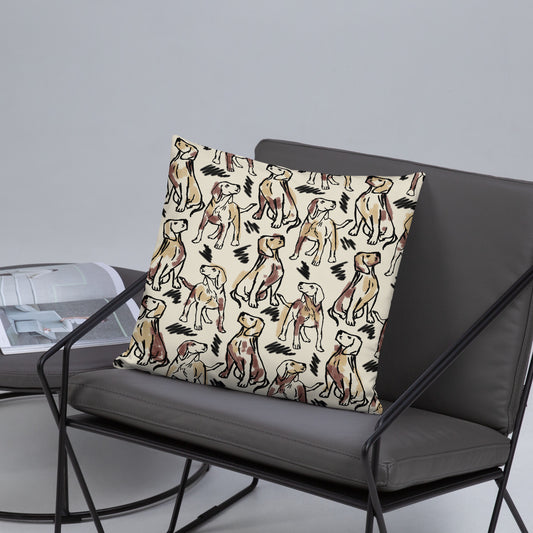 Beige accent pillow with hand-drawn sketch pattern of dogs in black and brown outlines, artistic dog lover home décor by Pets N’ Faith