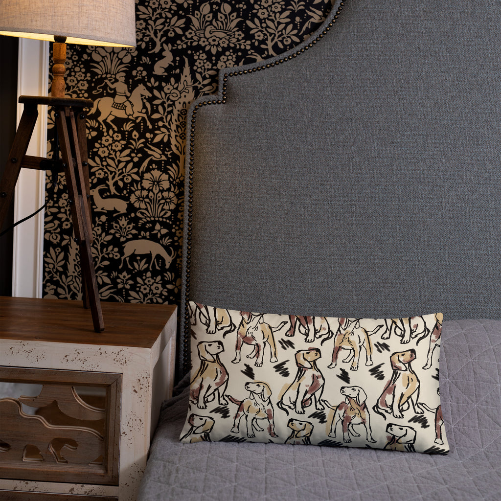 Beige accent pillow with hand-drawn sketch pattern of dogs in black and brown outlines, artistic dog lover home décor by Pets N’ Faith