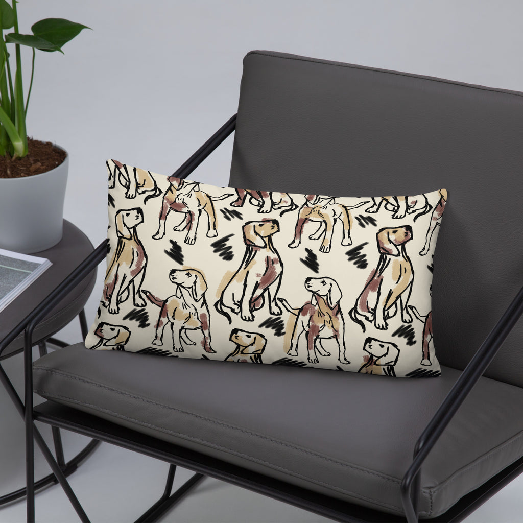 Beige accent pillow with hand-drawn sketch pattern of dogs in black and brown outlines, artistic dog lover home décor by Pets N’ Faith
