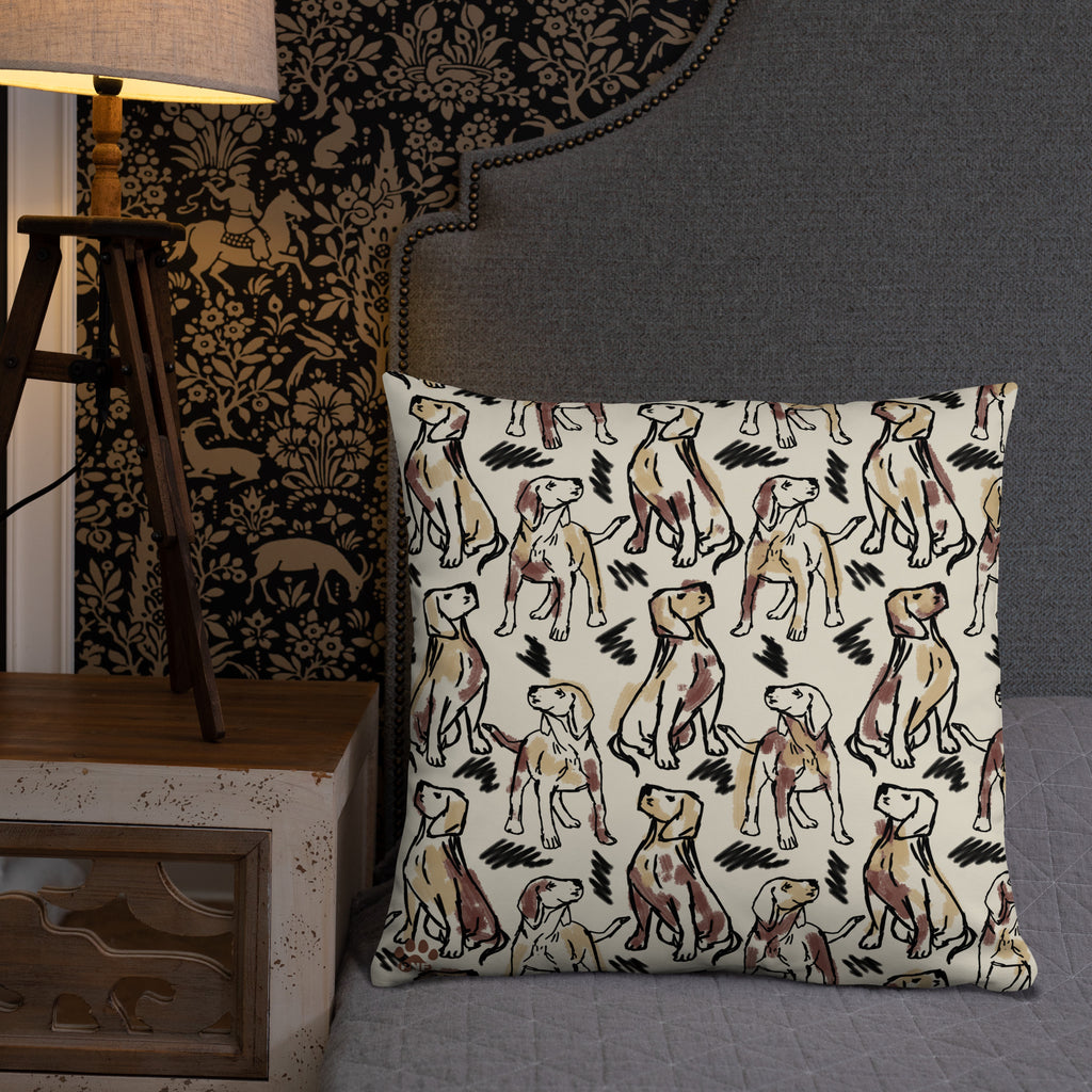 Beige accent pillow with hand-drawn sketch pattern of dogs in black and brown outlines, artistic dog lover home décor by Pets N’ Faith