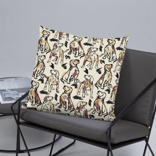 Beige accent pillow with hand-drawn sketch pattern of dogs in black and brown outlines, artistic dog lover home décor by Pets N’ Faith