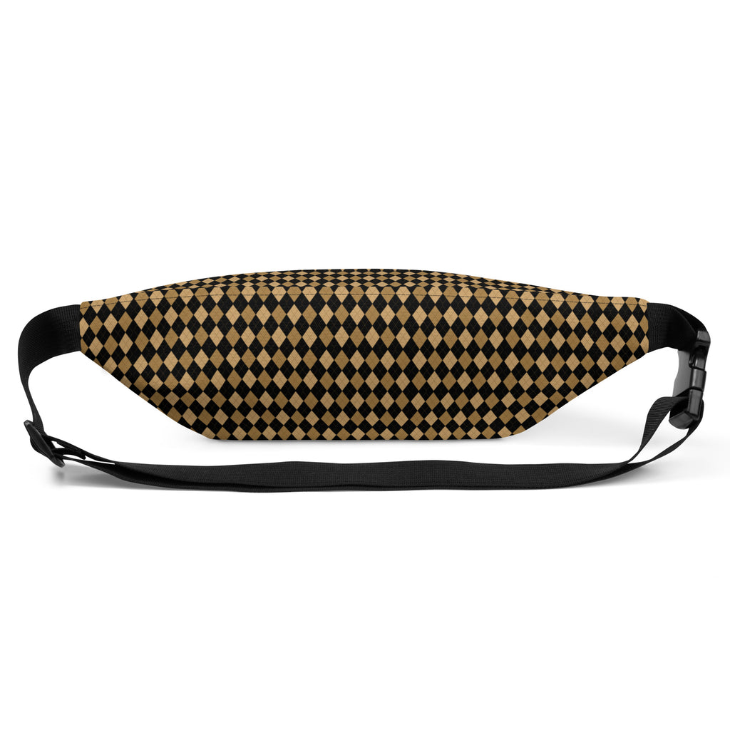 Black fanny pack with gold and black diamond checkered pattern on the back panel and adjustable black strap.