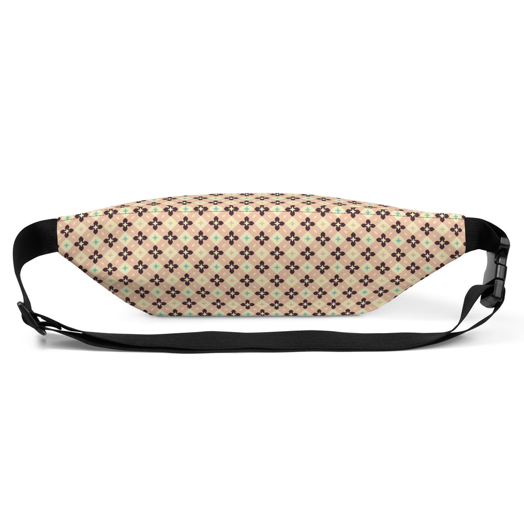 Peach beige fanny pack with brown and mint green cross pattern design, adjustable black strap, and water-resistant fabric.