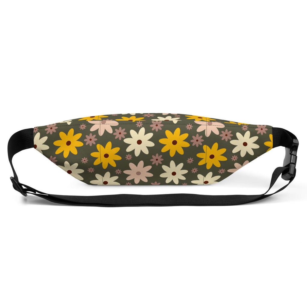 Back view of faith-inspired fanny pack in a  floral design and black with adjustable black strap.