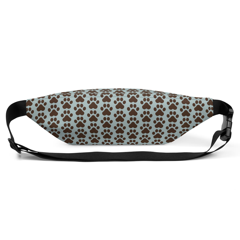 Back of blue gray fanny pack showing paw print design.