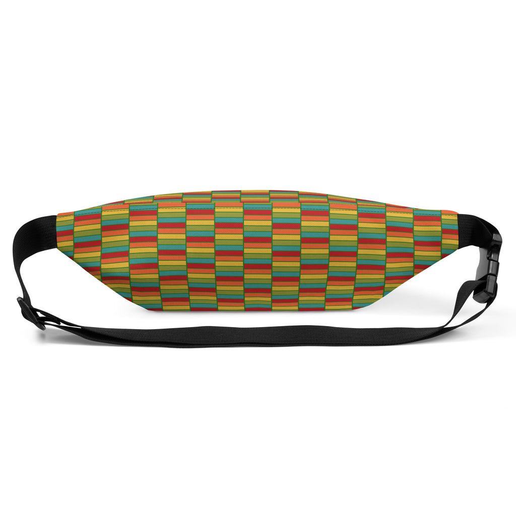 Back view of faith-inspired fanny pack with bold Kente print in red, yellow, green, and black with adjustable black strap.