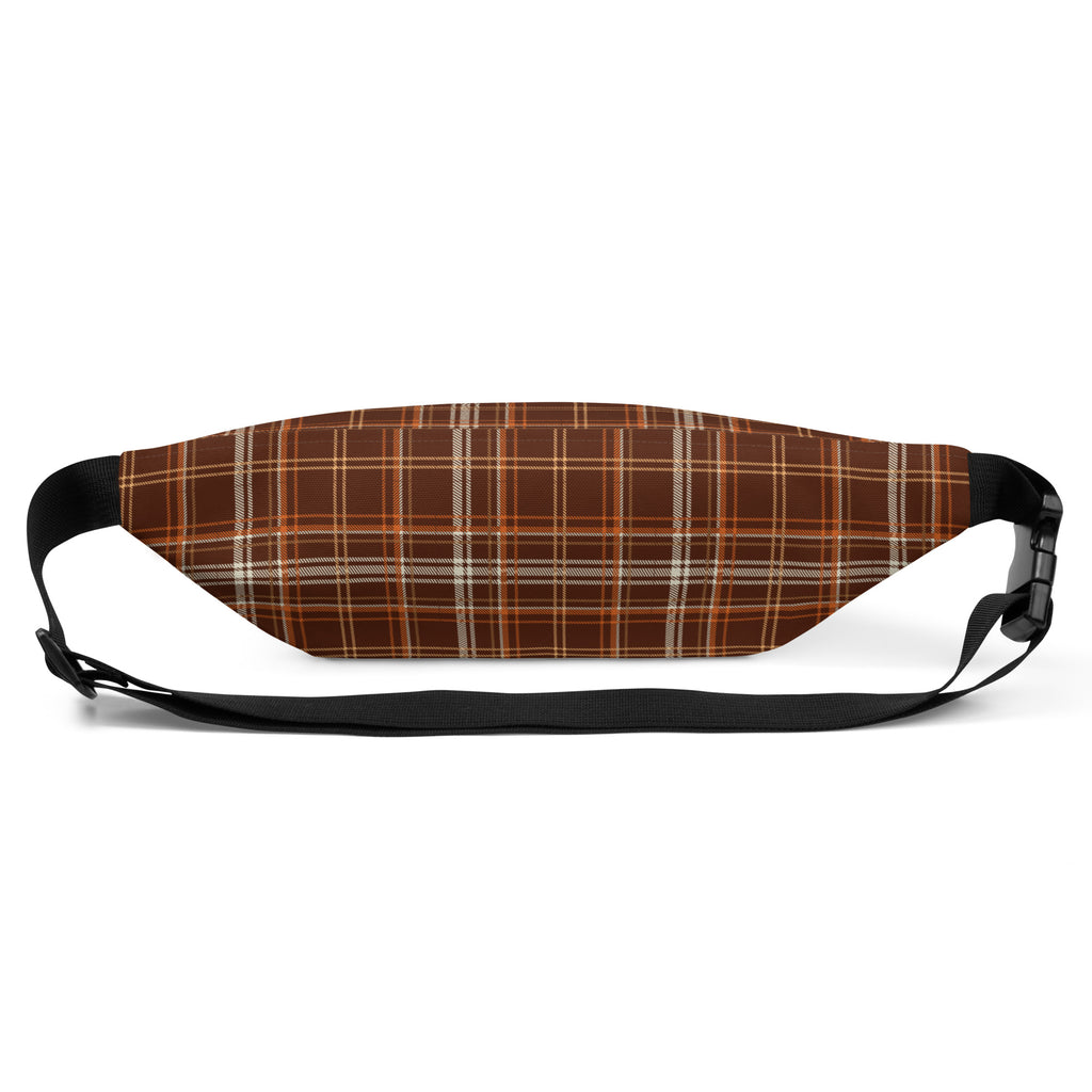 Back view of brown-and-orange plaid fanny pack with zipper closure and adjustable strap.