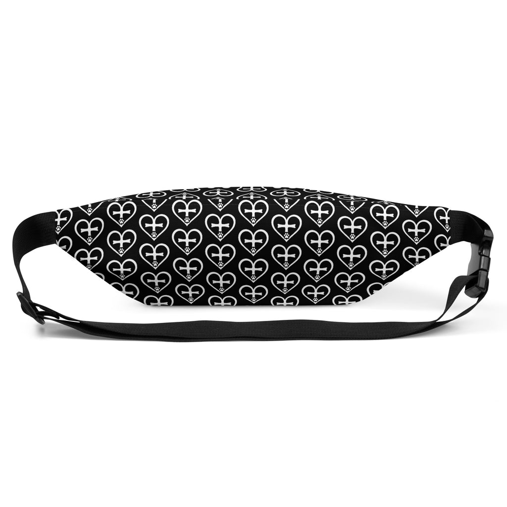 Back view of black fanny pack with repeating white heart-shaped cross and paw print pattern, Christian pet design by Pets N’ Faith