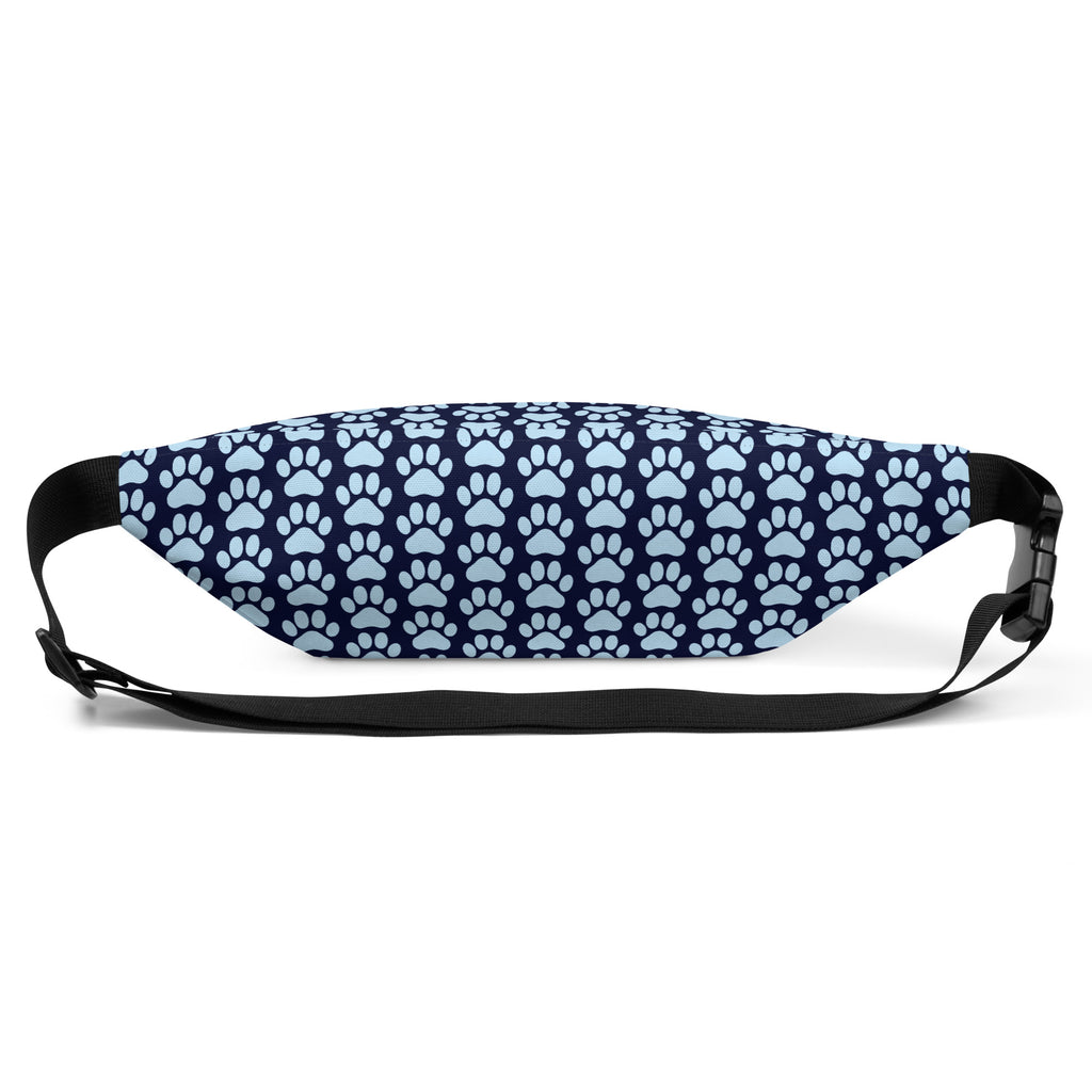 Back view of navy blue fanny pack with the phrase “LEASHED BY LOVE, LED BY GRACE” in light blue letters, decorated with paw prints.