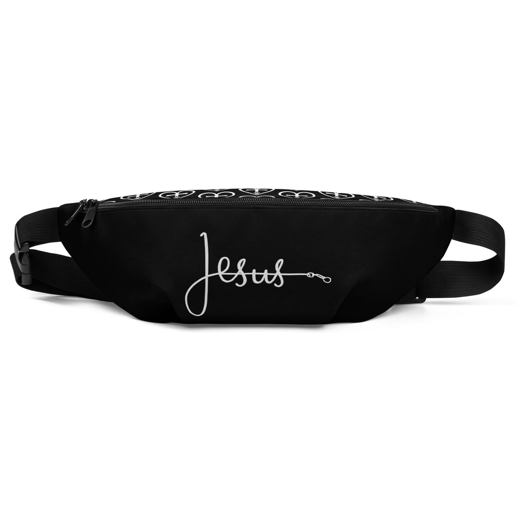 Front view of black fanny pack with repeating white heart-shaped cross and paw print pattern, Christian pet design by Pets N’ Faith