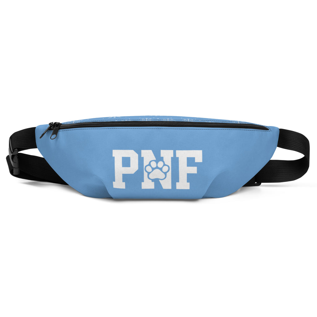 Light blue Pets N’ Faith fanny pack with bold white PNF letters and paw print logo on the front.
