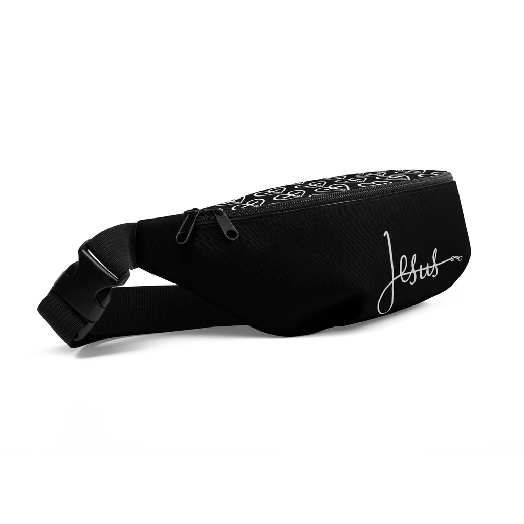 Side view of black fanny pack with repeating white heart-shaped cross and paw print pattern, Christian pet design by Pets N’ Faith