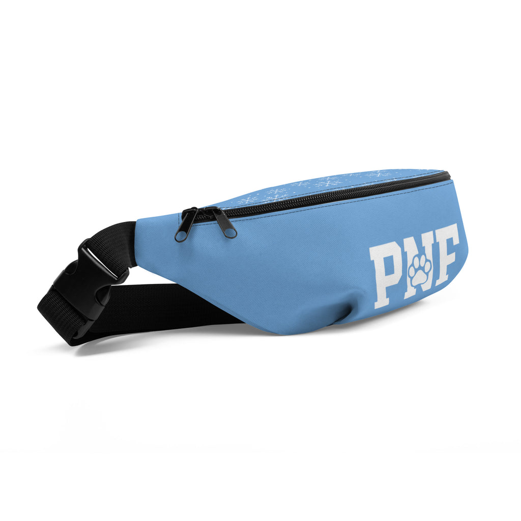 Light blue Pets N’ Faith fanny pack with bold white PNF letters and paw print logo on the front.
