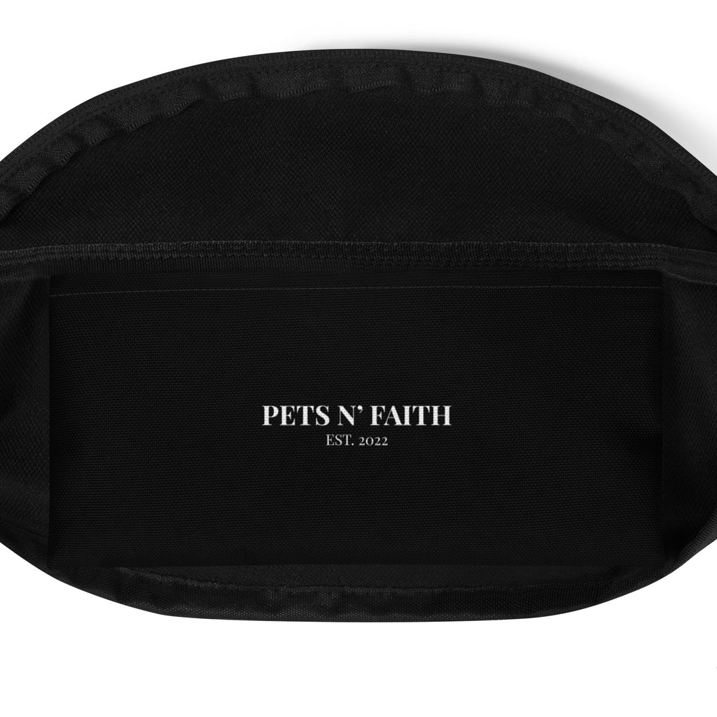 Inside view of black fanny pack with repeating white heart-shaped cross and paw print pattern, Christian pet design by Pets N’ Faith