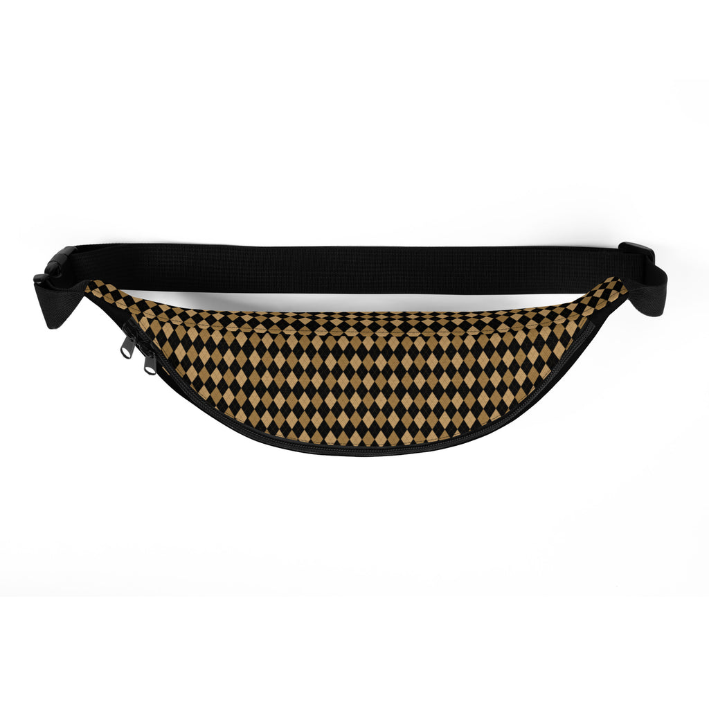 Overhead view of black GRACE fanny pack showing gold and black diamond patterned top panel and adjustable black strap.