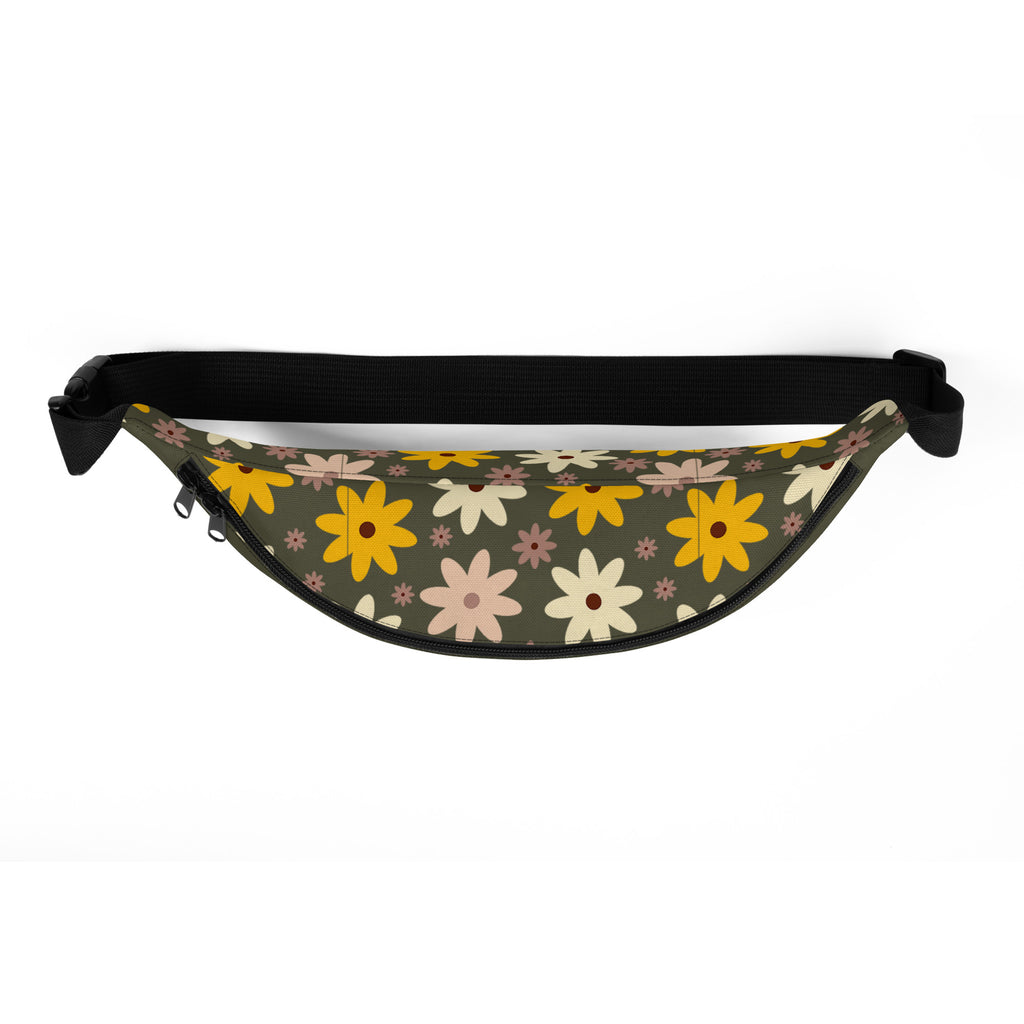 Top view of fanny pack showing colorful floral design and black adjustable strap.