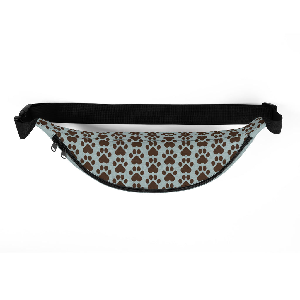 Top view of fanny pack showing dark brown paw print pattern and black adjustable strap.