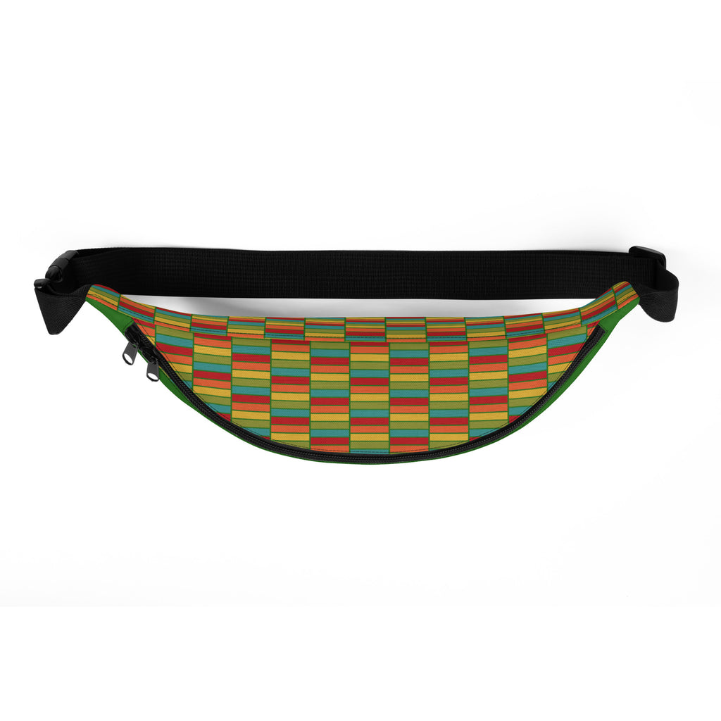 Top view of fanny pack with Kente print design and black adjustable strap, showing zipper and curved shape.

