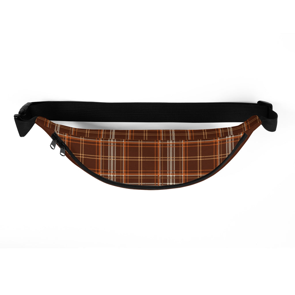 Top view of brown fanny pack with orange paw print LOVE graphic and plaid top panel.