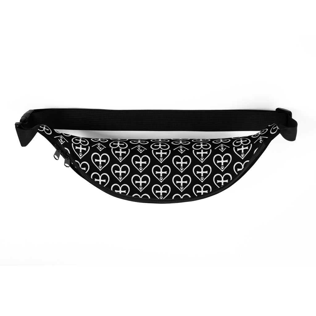 Top view of black fanny pack with repeating white heart-shaped cross and paw print pattern, Christian pet design by Pets N’ Faith