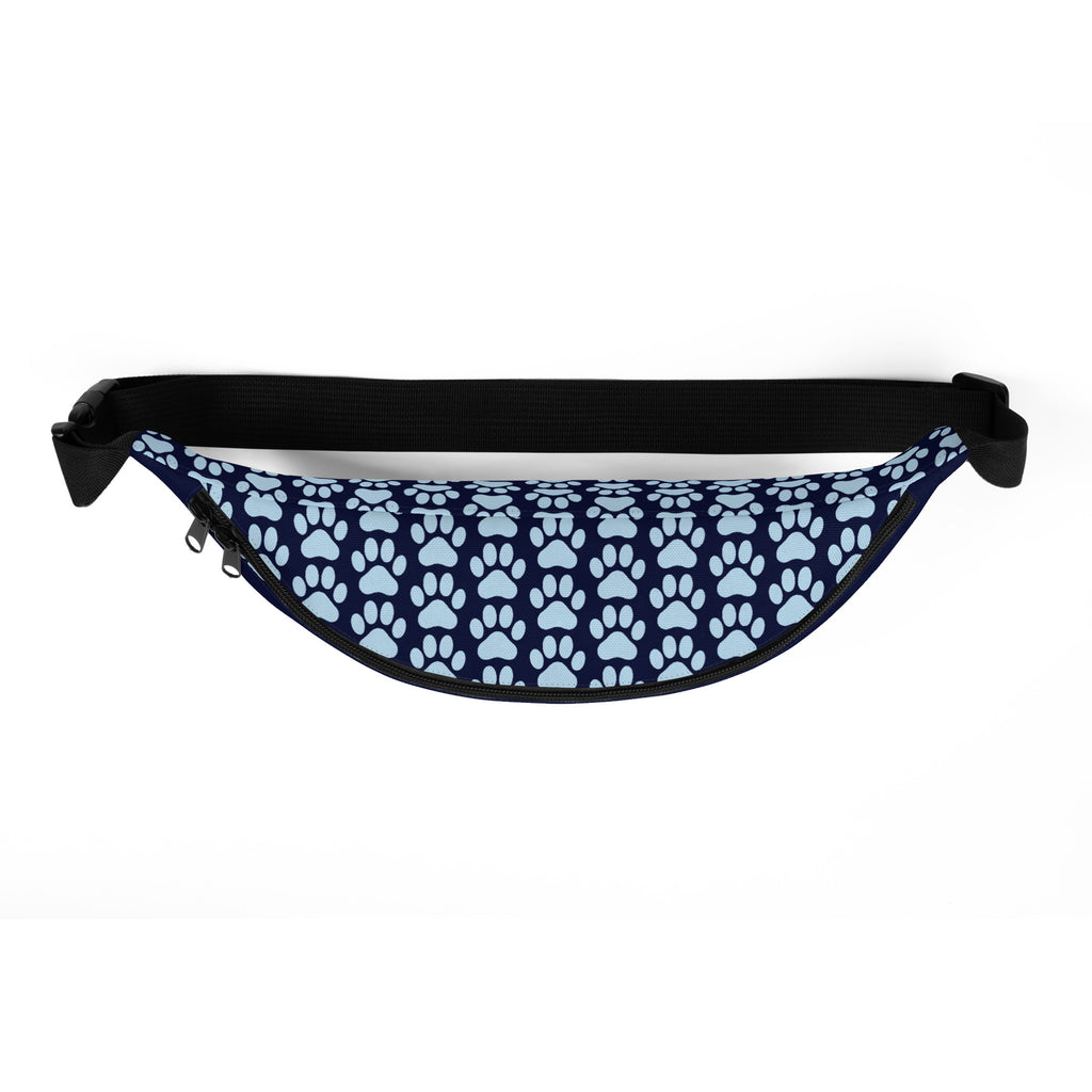 Top view of navy blue fanny pack with the phrase “LEASHED BY LOVE, LED BY GRACE” in light blue letters, decorated with paw prints.
