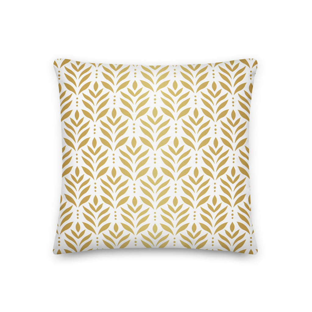 White premium pillow with golden leaf pattern and text reading ‘Paws and Praise,’ Christian pet lover decor by Pets N’ Faith