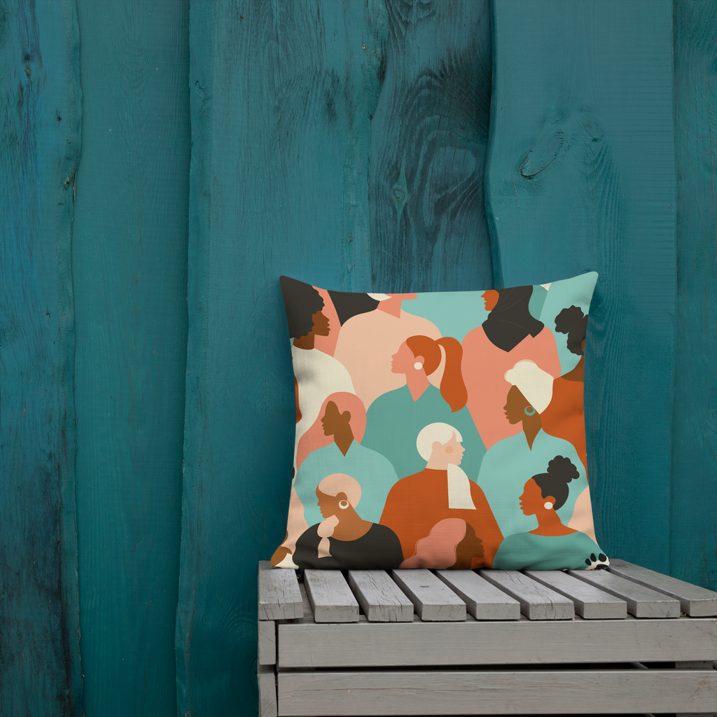 Multicolor accent pillow with modern abstract design of diverse women in warm tones of terracotta, teal, and cream, inclusive faith-inspired home décor by Pets N’ Faith