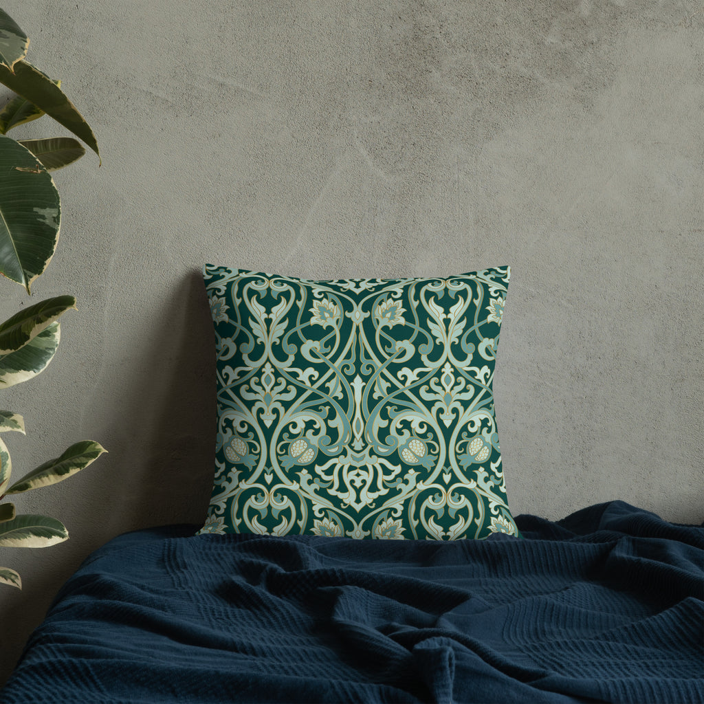 Dark green premium pillow with gold damask pattern and metallic gold paw print in center, elegant Christian pet home decor by Pets N’ Faith