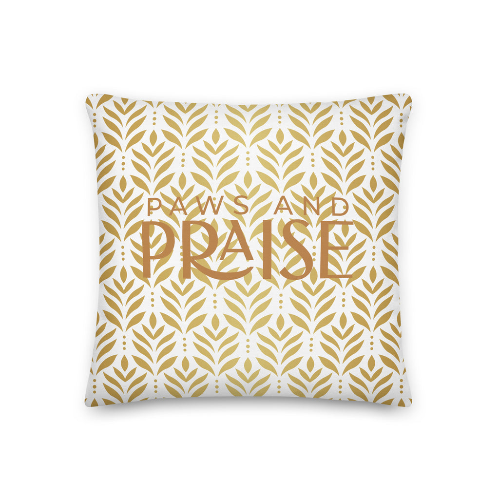 White premium pillow with golden leaf pattern and text reading ‘Paws and Praise,’ Christian pet lover decor by Pets N’ Faith