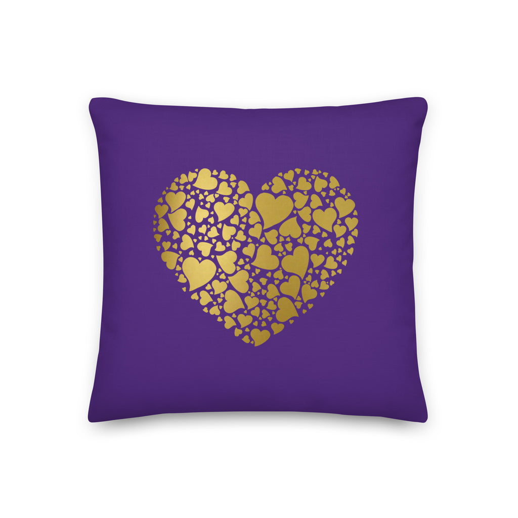Deep Indigo throw pillow with a gold heart and a gold heart on the back.