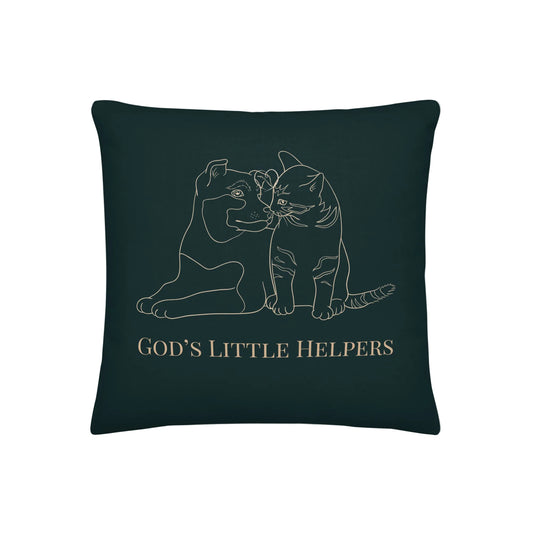 Forest green pillow with line drawing of two cats and 'God's Little Helpers' text on a beige background