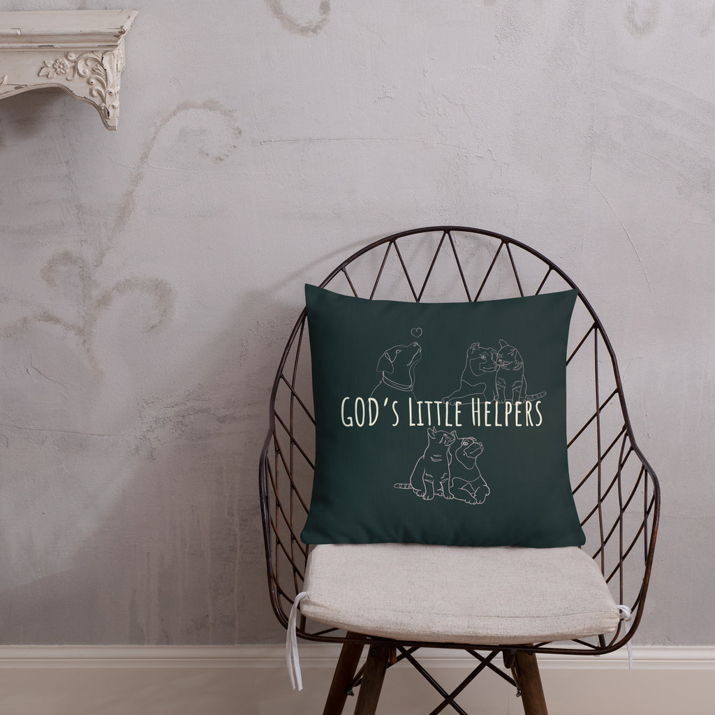 Front view of God's Little Helpers All Over Print Accent Pillow in forest green with pink accents