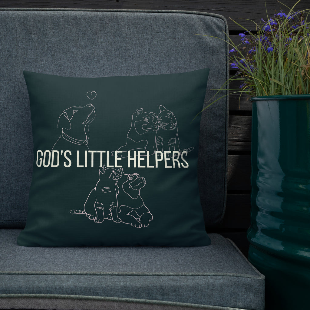 Front view of God's Little Helpers All Over Print Accent Pillow in forest green with pink accents