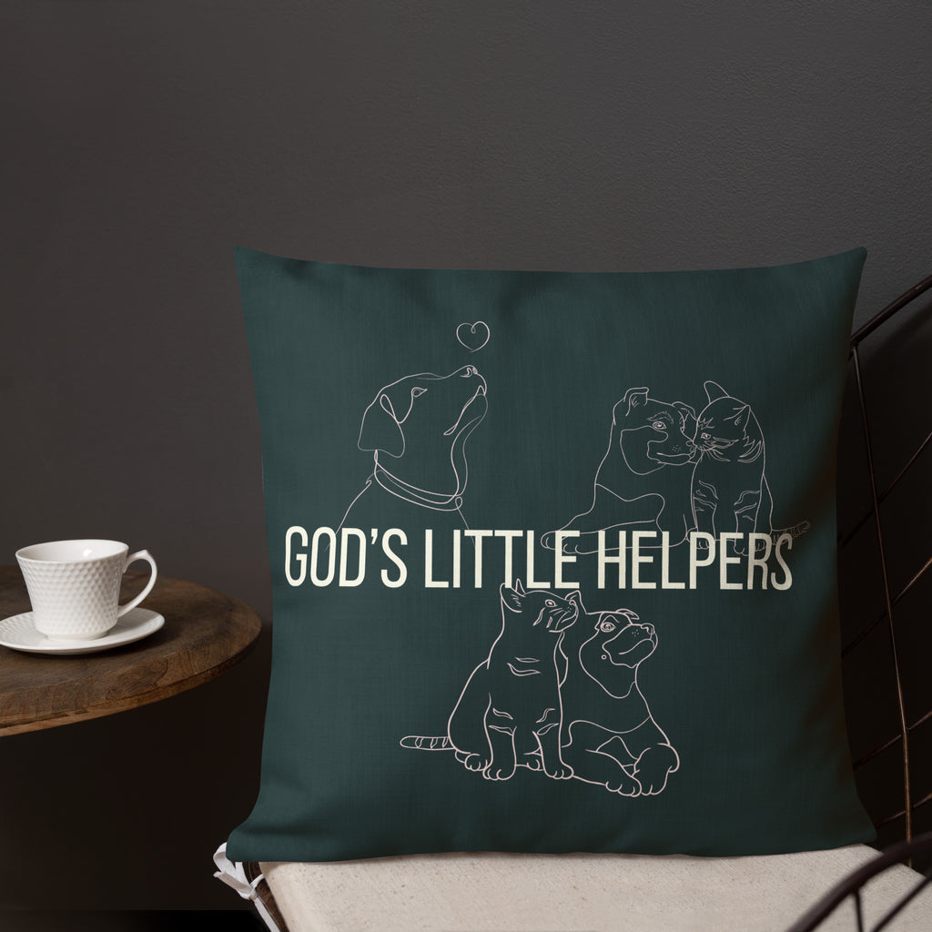 Front view of God's Little Helpers All Over Print Accent Pillow in forest green with pink accents