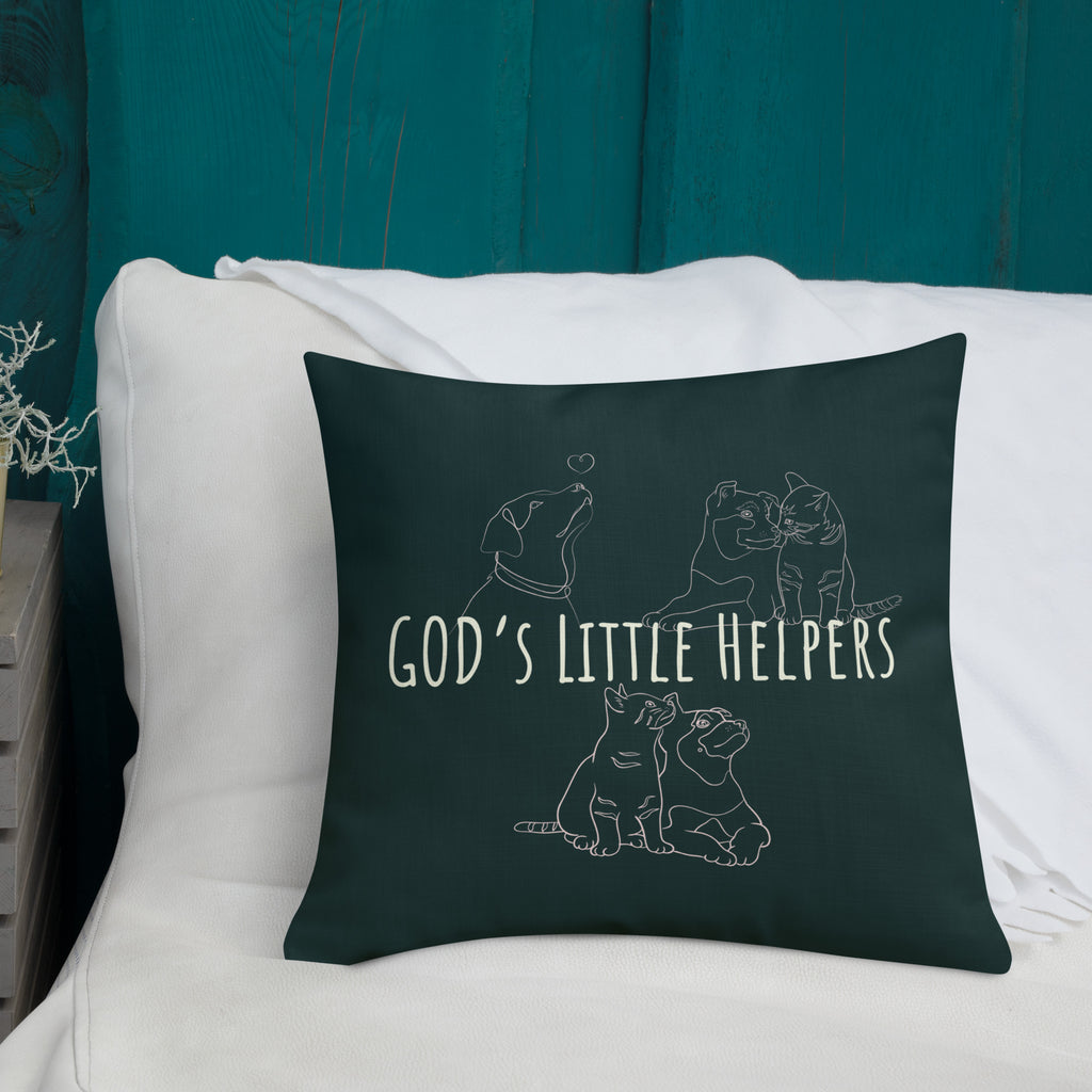 Front view of God's Little Helpers All Over Print Accent Pillow in forest green with pink accents
