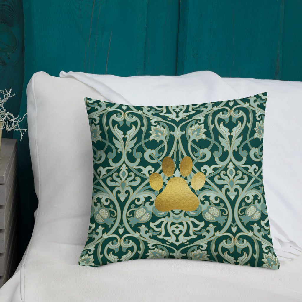 Dark green premium pillow with gold damask pattern and metallic gold paw print in center, elegant Christian pet home decor by Pets N’ Faith