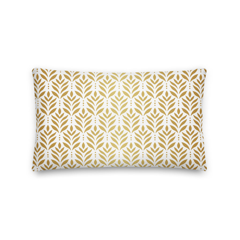 White premium pillow with golden leaf pattern and text reading ‘Paws and Praise,’ Christian pet lover decor by Pets N’ Faith