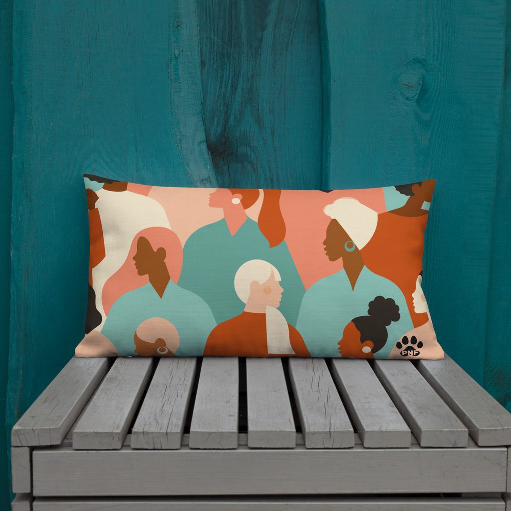Multicolor accent pillow with modern abstract design of diverse women in warm tones of terracotta, teal, and cream, inclusive faith-inspired home décor by Pets N’ Faith