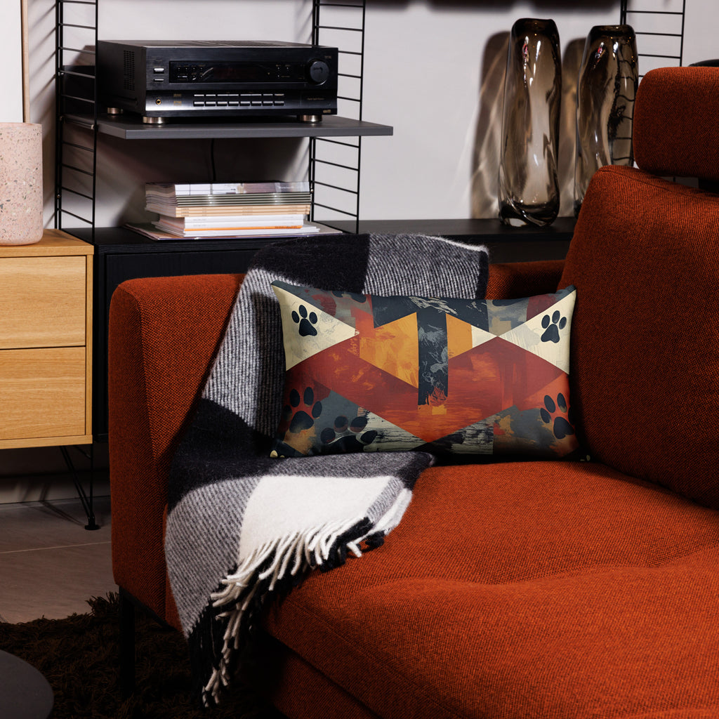 Front view of abstract geometric design pillow on red couch. 