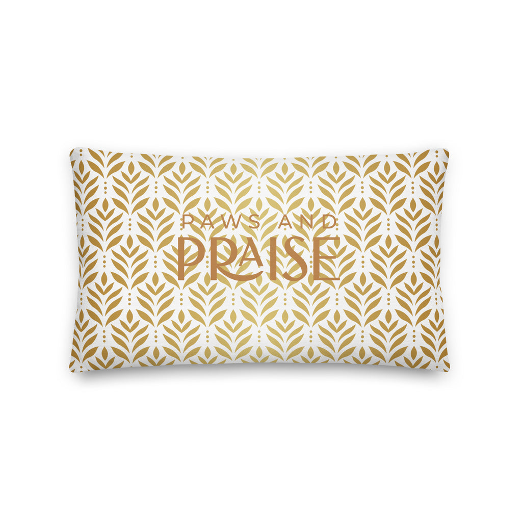 White premium pillow with golden leaf pattern and text reading ‘Paws and Praise,’ Christian pet lover decor by Pets N’ Faith
