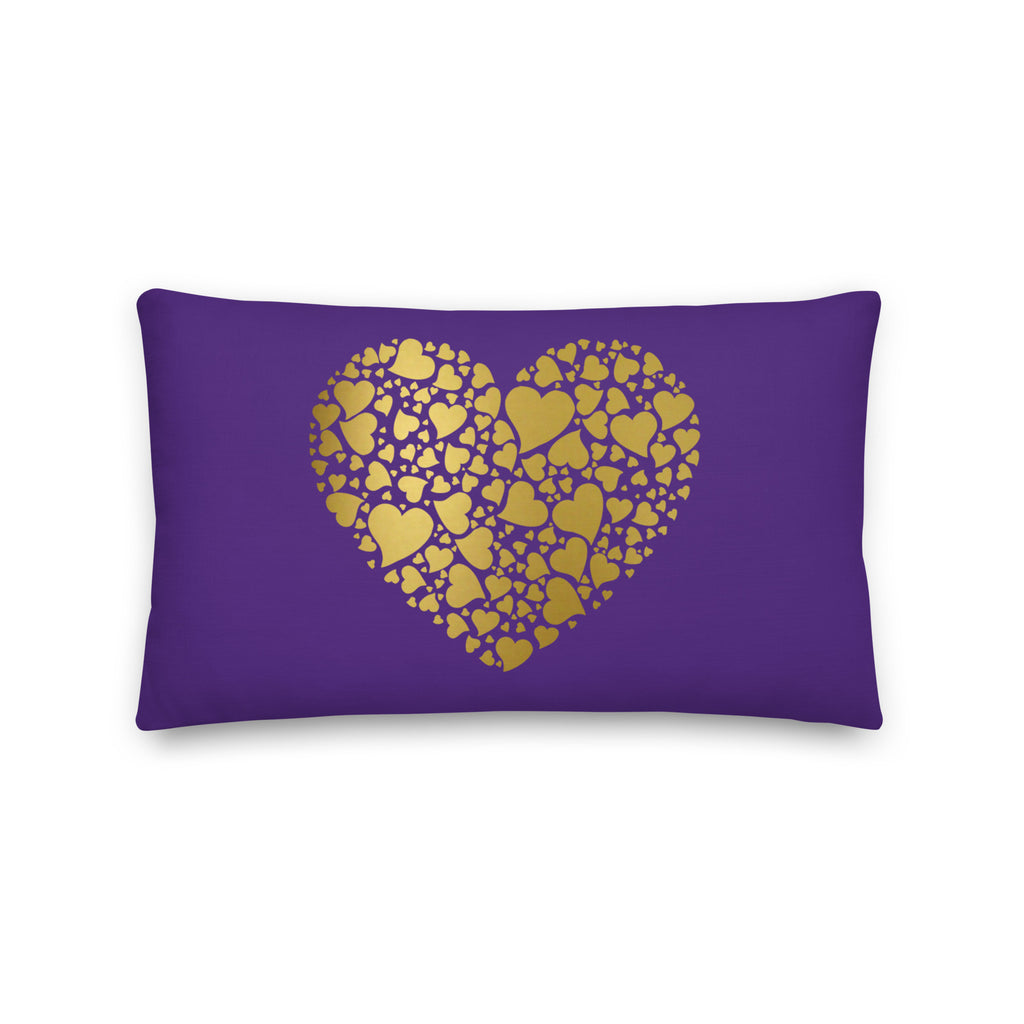 Deep Indigo throw pillow with a gold heart and a gold damask heart on the back.
