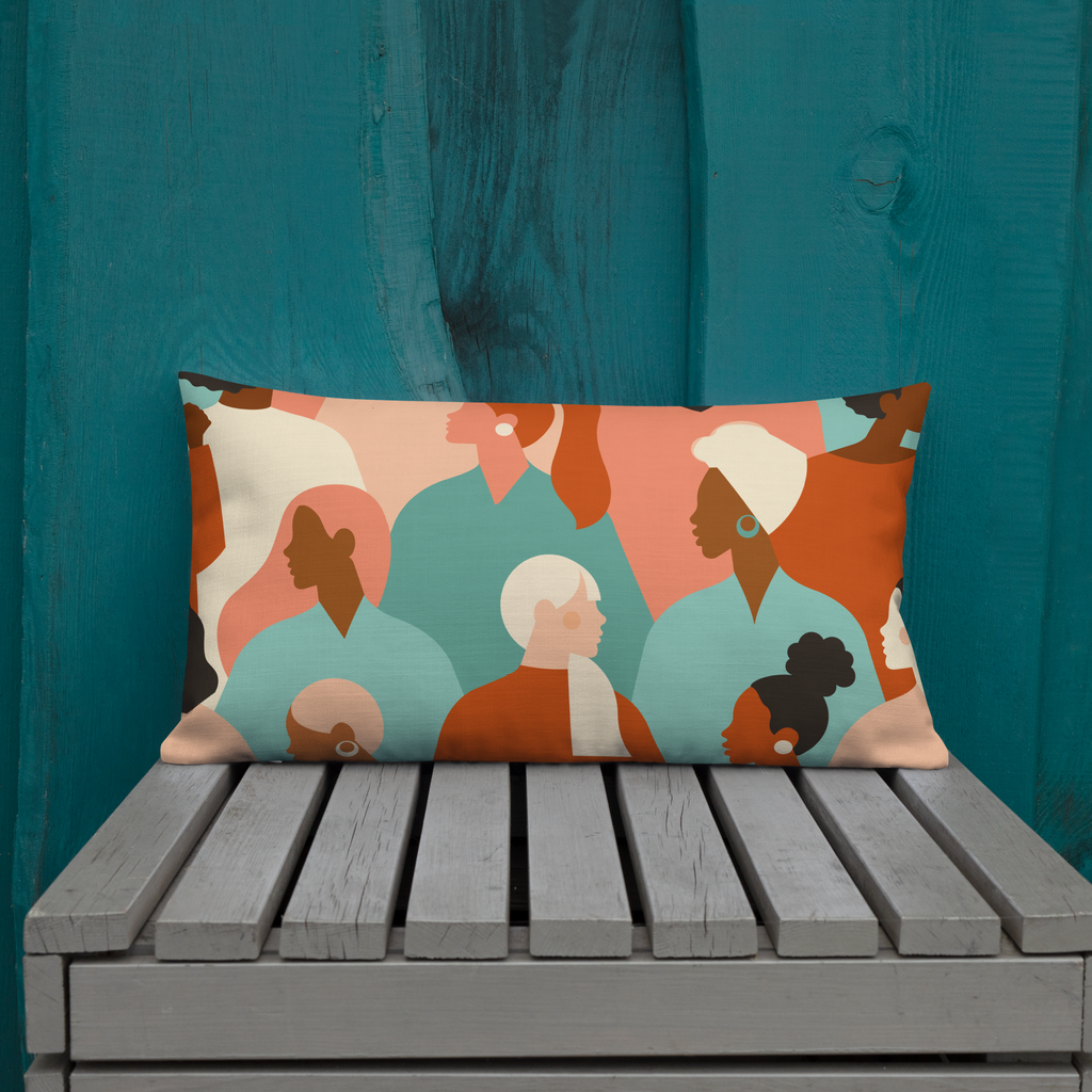 Multicolor accent pillow with modern abstract design of diverse women in warm tones of terracotta, teal, and cream, inclusive faith-inspired home décor by Pets N’ Faith