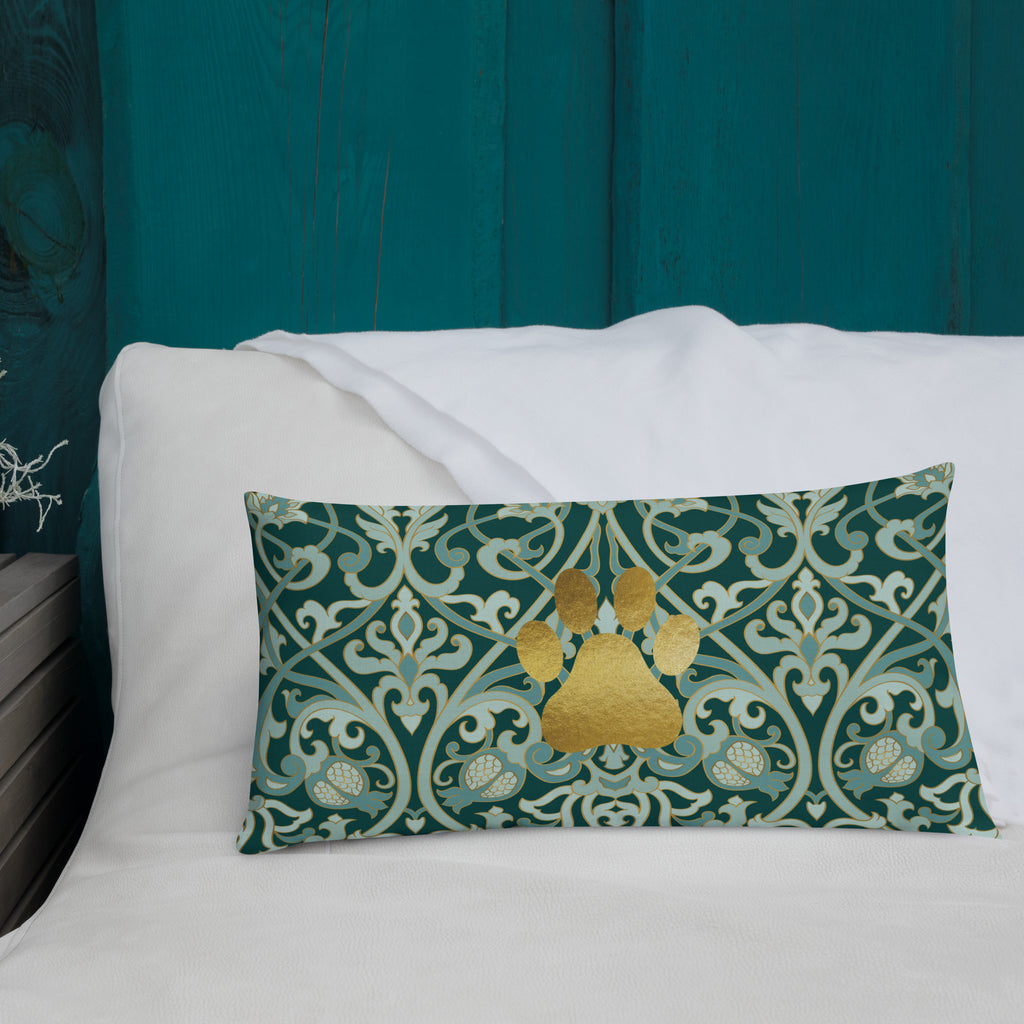 Dark green premium pillow with gold damask pattern and metallic gold paw print in center, elegant Christian pet home decor by Pets N’ Faith