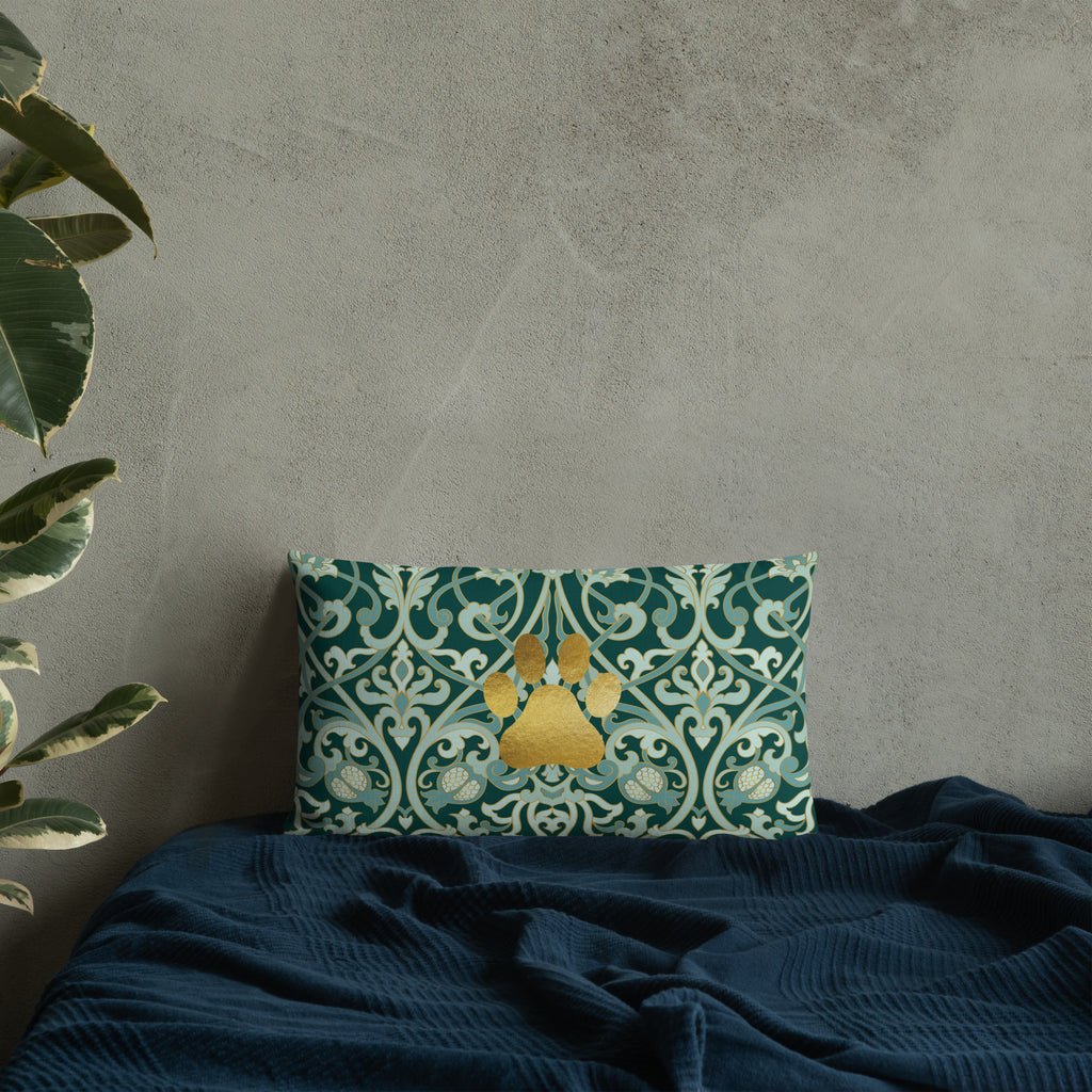 Dark green premium pillow with gold damask pattern and metallic gold paw print in center, elegant Christian pet home decor by Pets N’ Faith