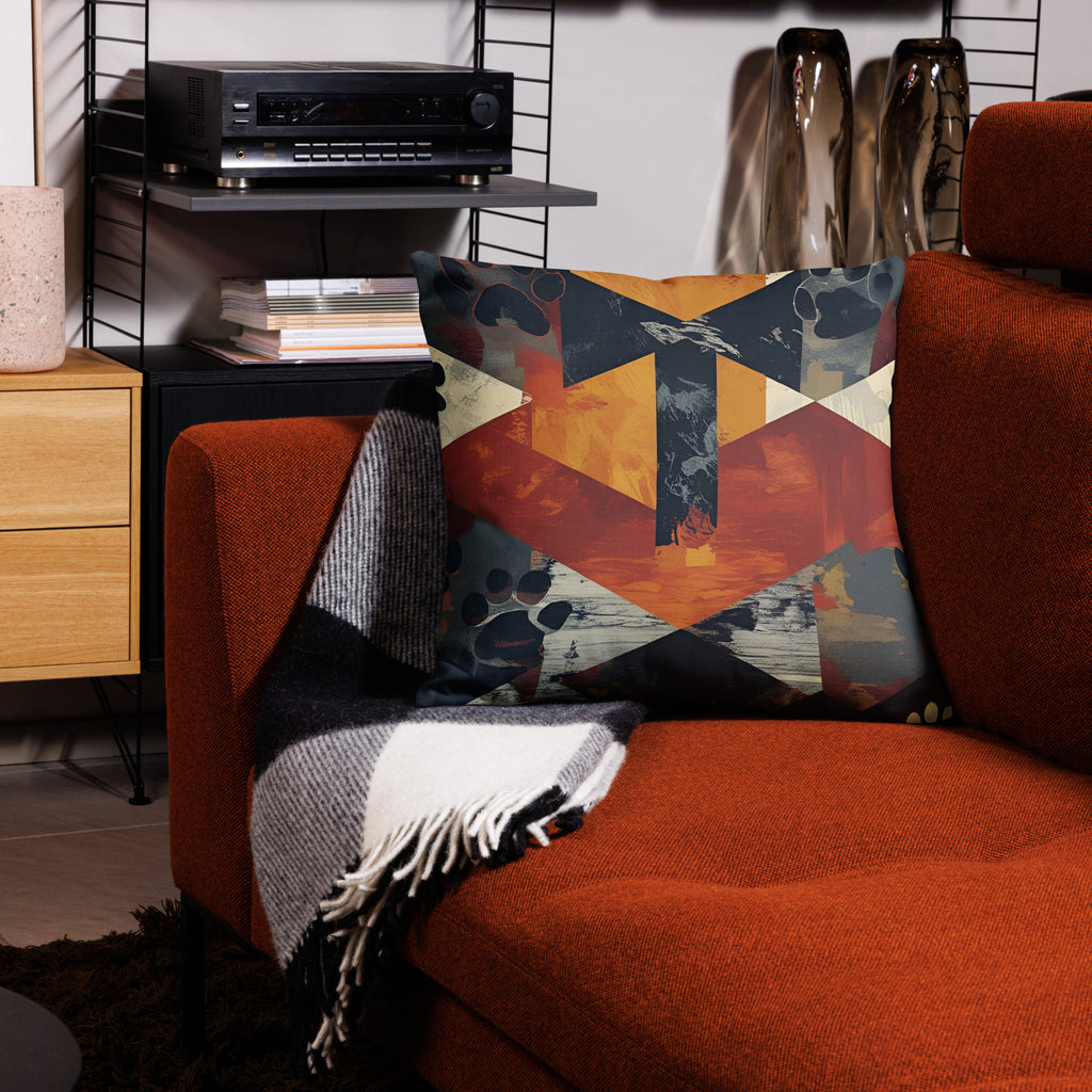 Front view of abstract geometric design pillow on red couch. 