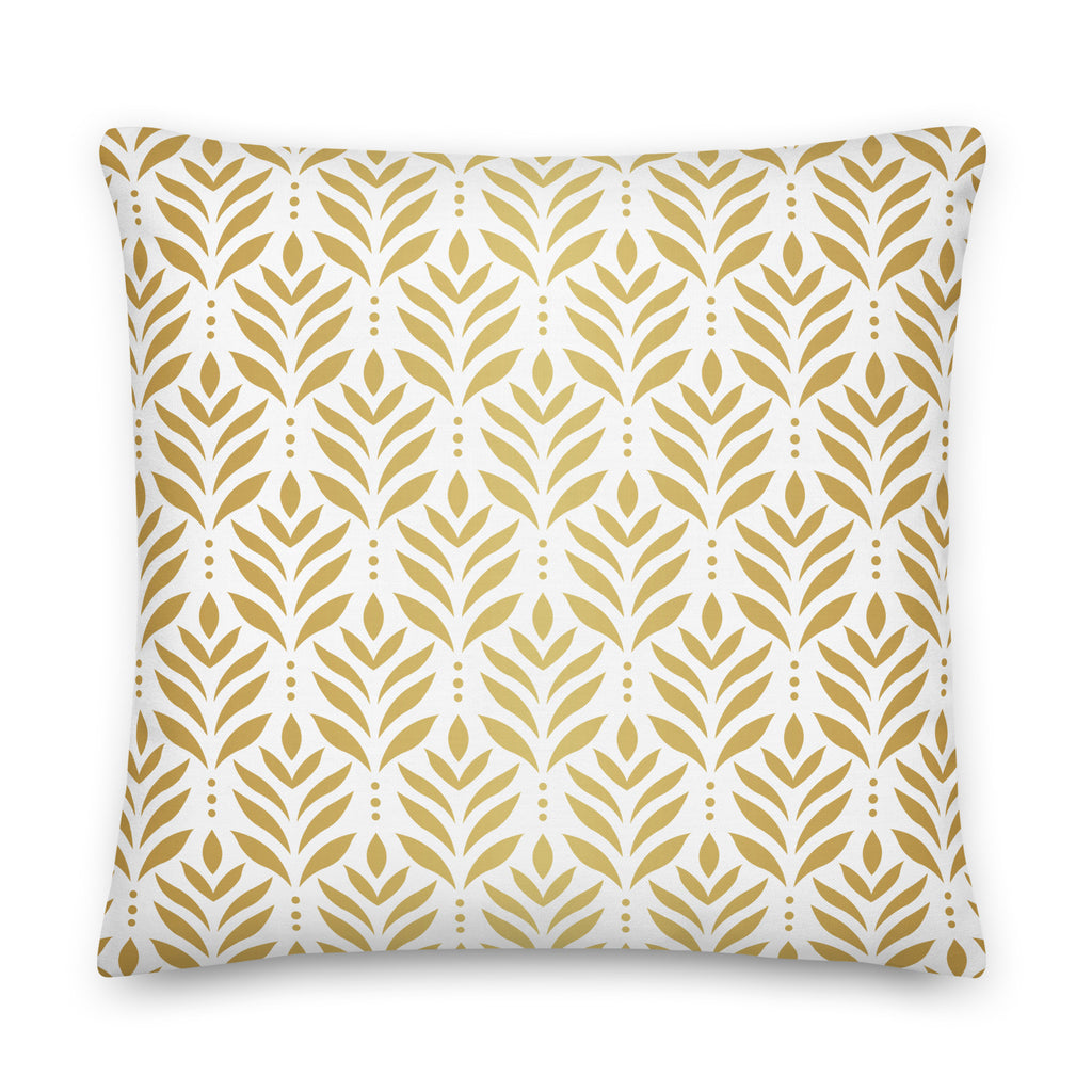 White premium pillow with golden leaf pattern and text reading ‘Paws and Praise,’ Christian pet lover decor by Pets N’ Faith